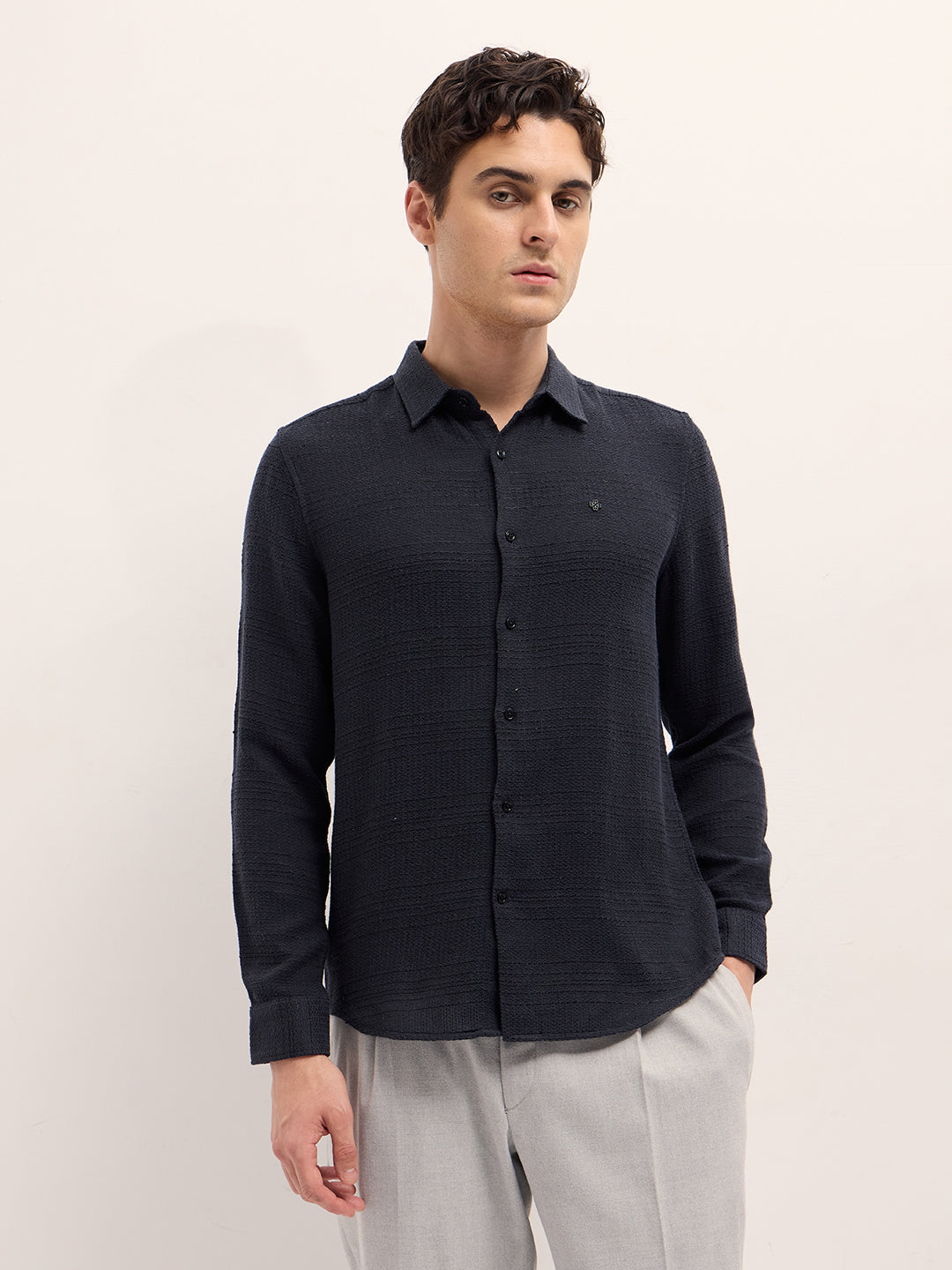 Black Textured Slim Fit Casual Shirt