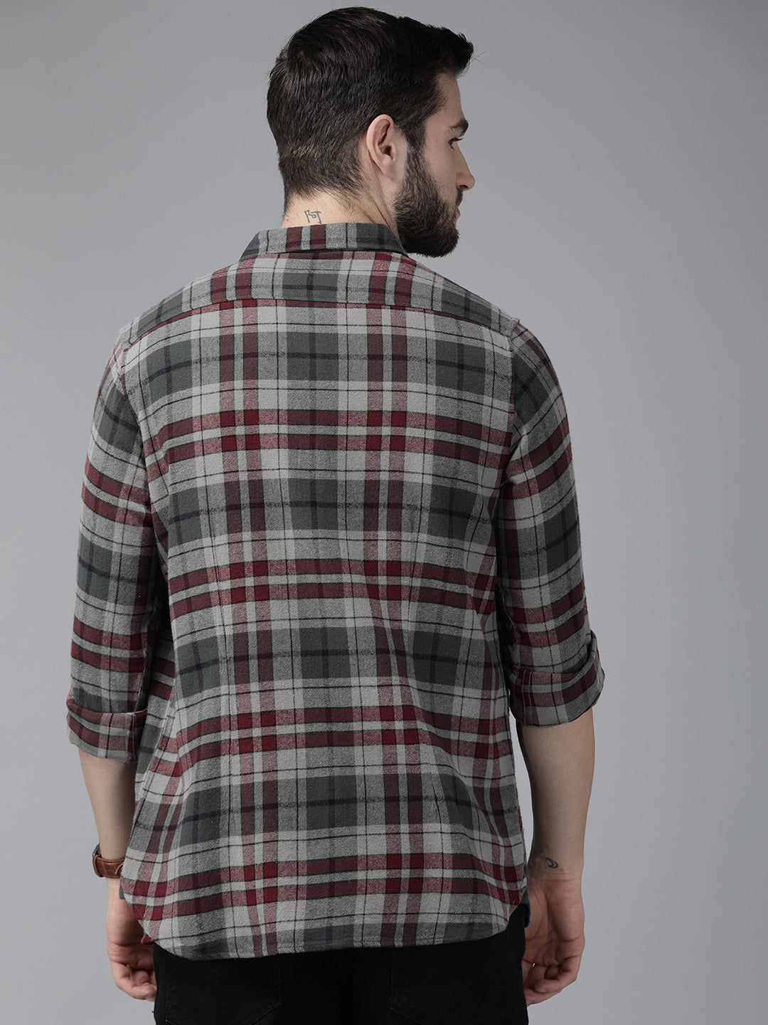 Men Grey Checked Slim Fit Cotton Casual Shirt