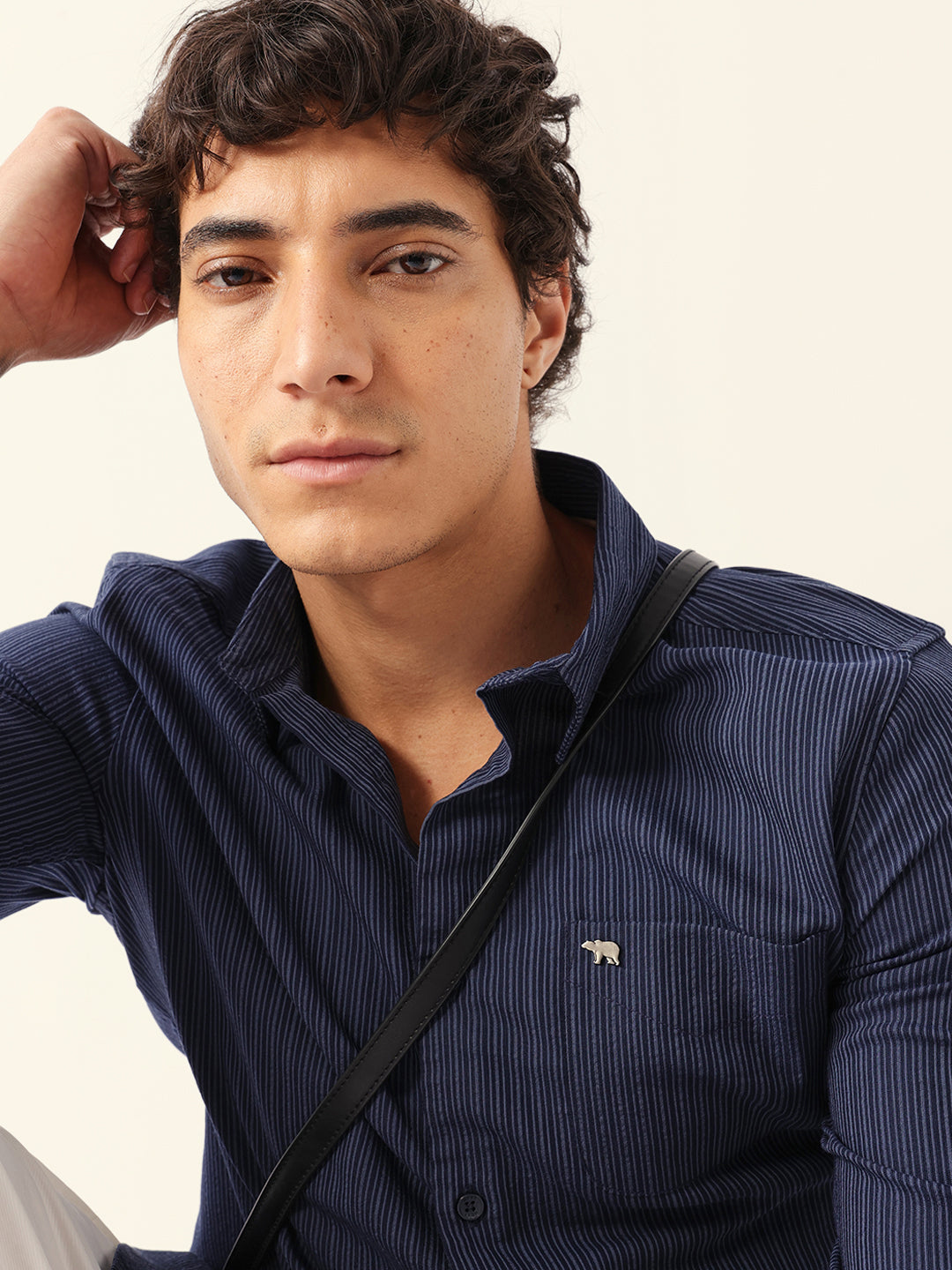 Blue Slim Fit Casual Shirt with Vertical Pine Stripes