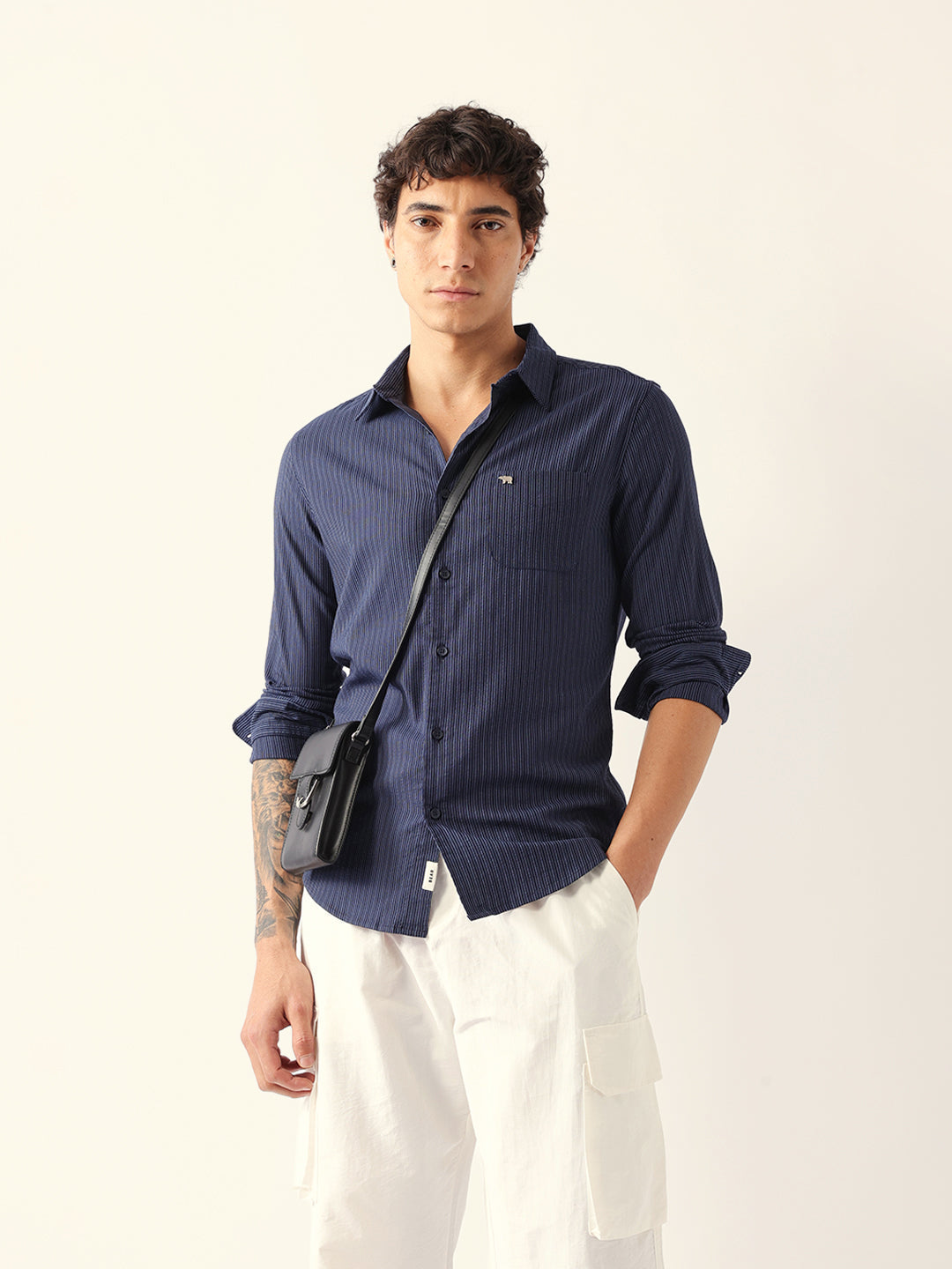 Blue Slim Fit Casual Shirt with Vertical Pine Stripes