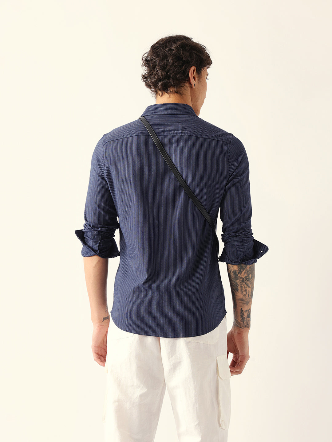 Blue Slim Fit Casual Shirt with Vertical Pine Stripes