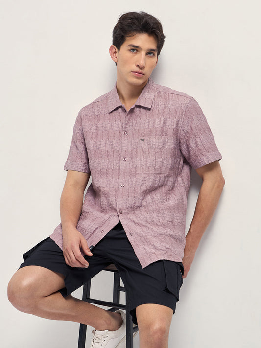 Pink Crinkle Textured Regular Fit Half-Sleeve Casual Shirt