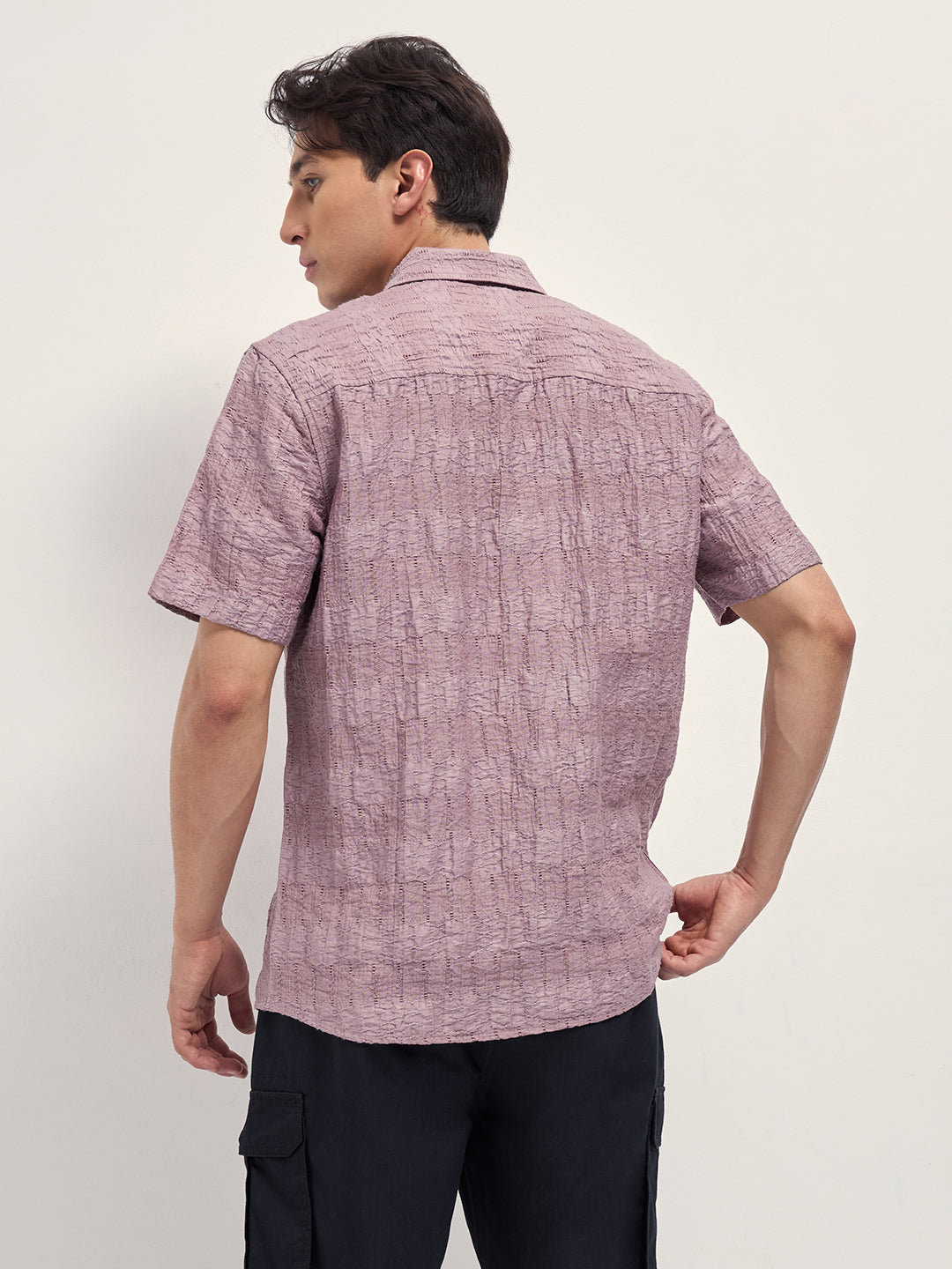 Pink Crinkle Textured Regular Fit Half-Sleeve Casual Shirt