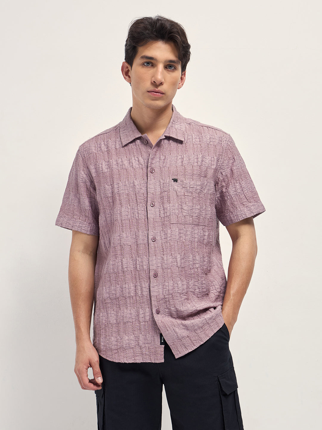 Pink Crinkle Textured Regular Fit Half-Sleeve Casual Shirt