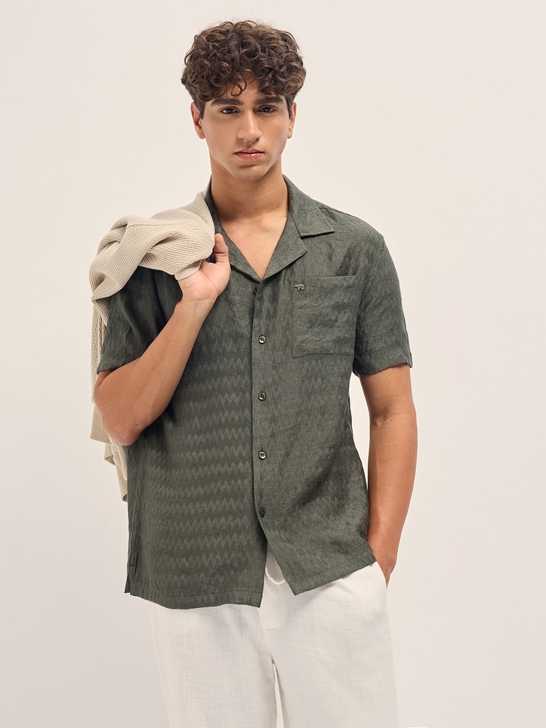 Olive Zigzag Textured Weave Relaxed Fit Half Sleeve Casual Shirt