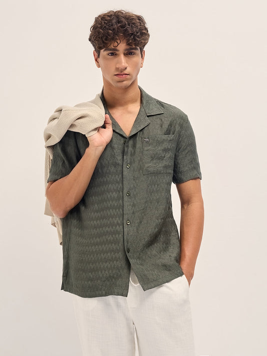 Olive Zigzag Textured Weave Relaxed Fit Half Sleeve Casual Shirt