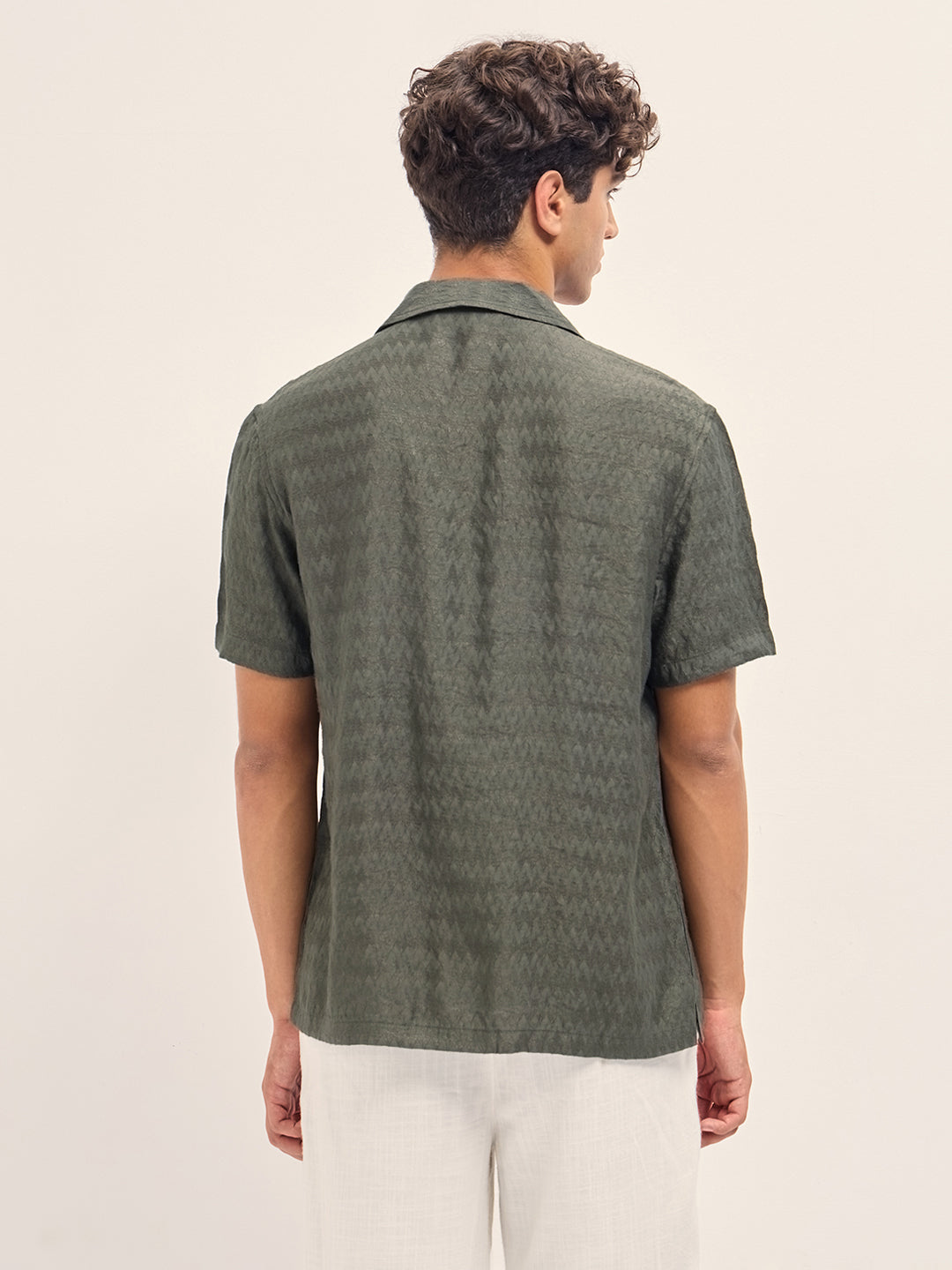 Olive Zigzag Textured Weave Relaxed Fit Half Sleeve Casual Shirt