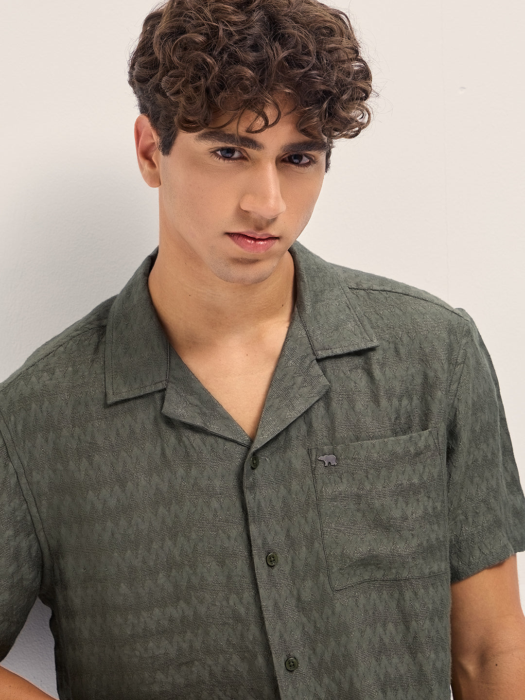 Olive Zigzag Textured Weave Relaxed Fit Half Sleeve Casual Shirt