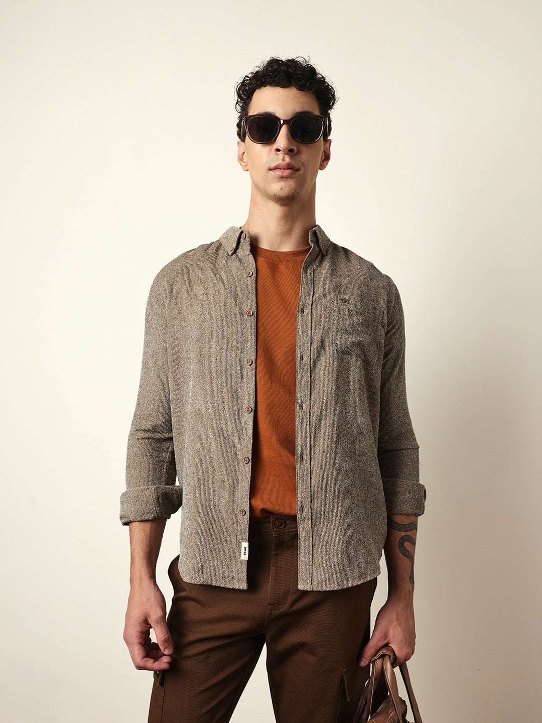 Brown Textured Woven Striped Slim Fit Casual Shirt