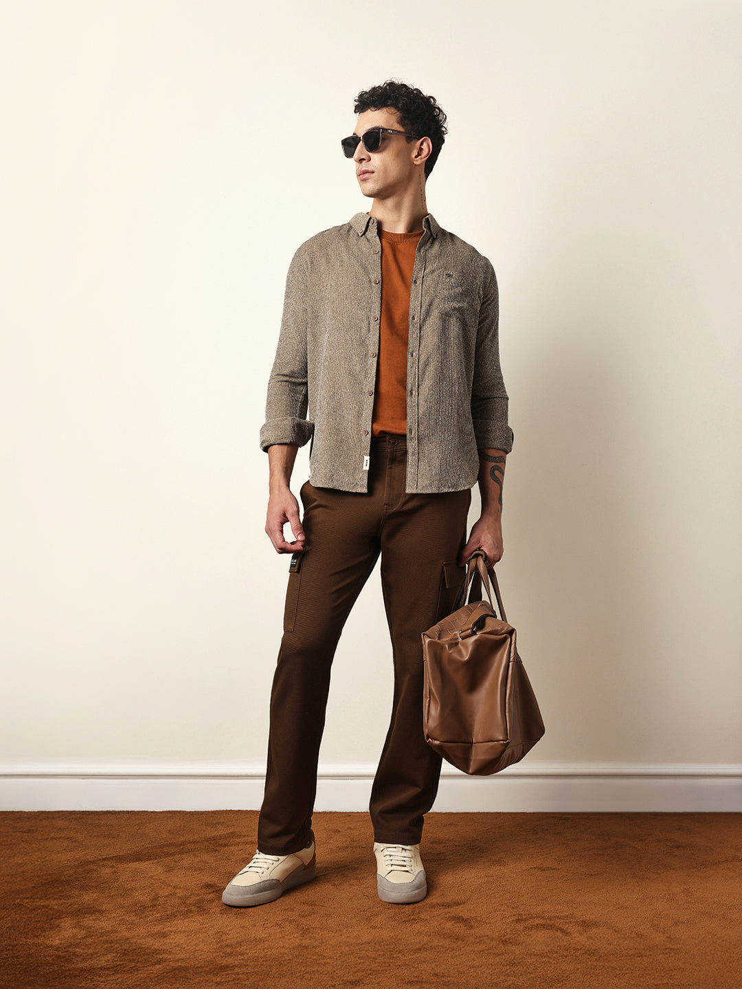 Brown Textured Woven Striped Slim Fit Casual Shirt