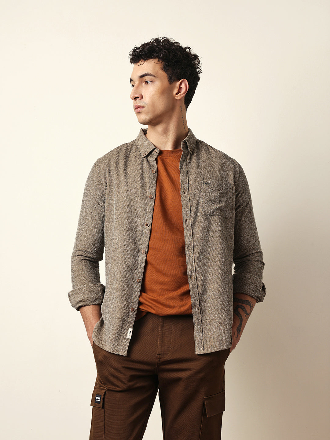 Brown Textured Woven Striped Slim Fit Casual Shirt