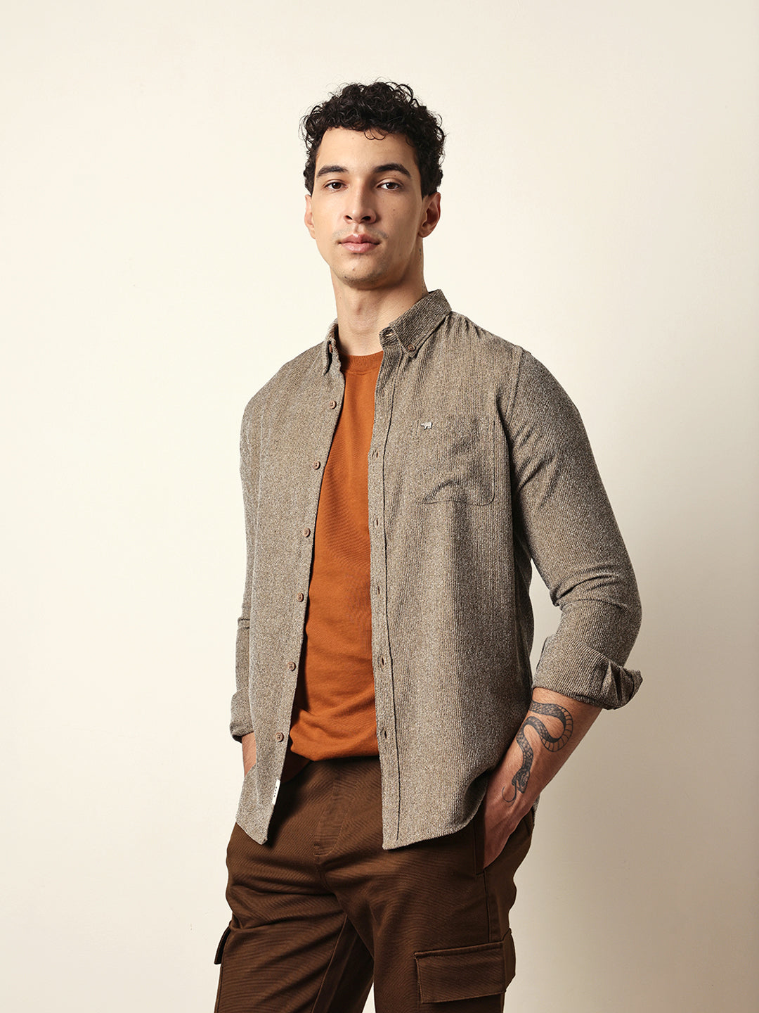 Brown Textured Woven Striped Slim Fit Casual Shirt
