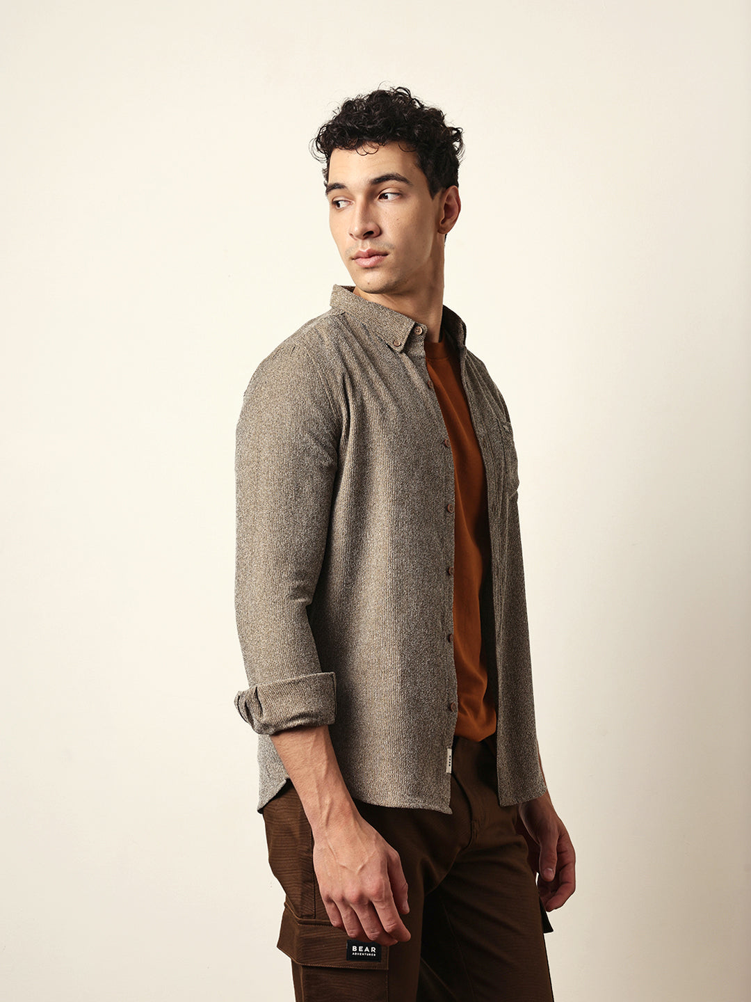 Brown Textured Woven Striped Slim Fit Casual Shirt