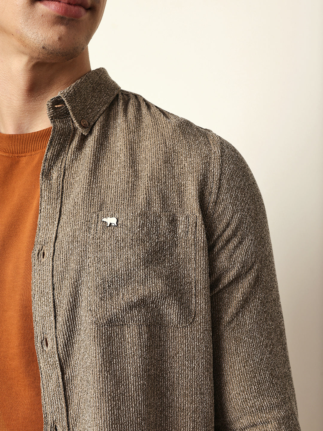 Brown Textured Woven Striped Slim Fit Casual Shirt