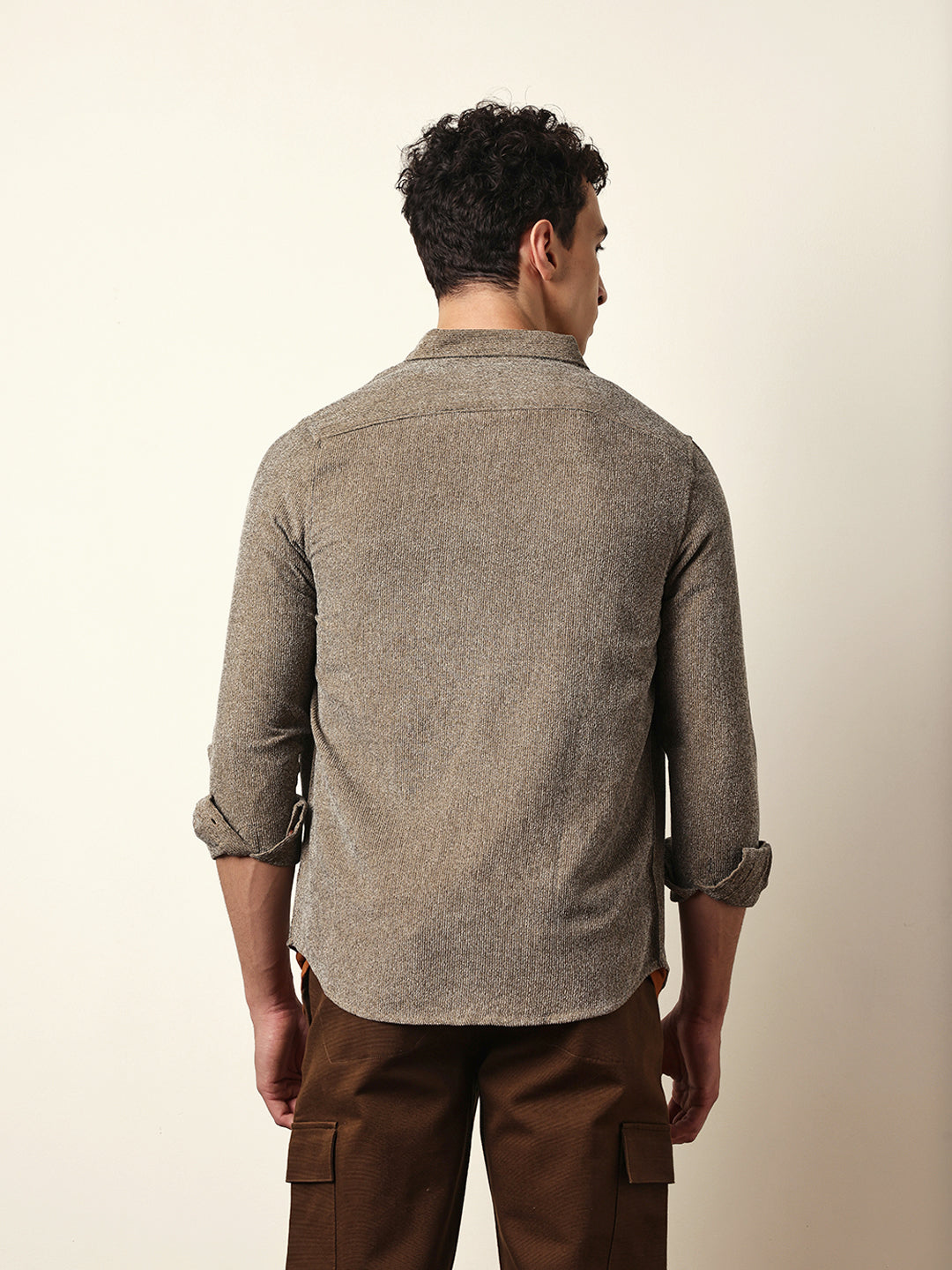Brown Textured Woven Striped Slim Fit Casual Shirt