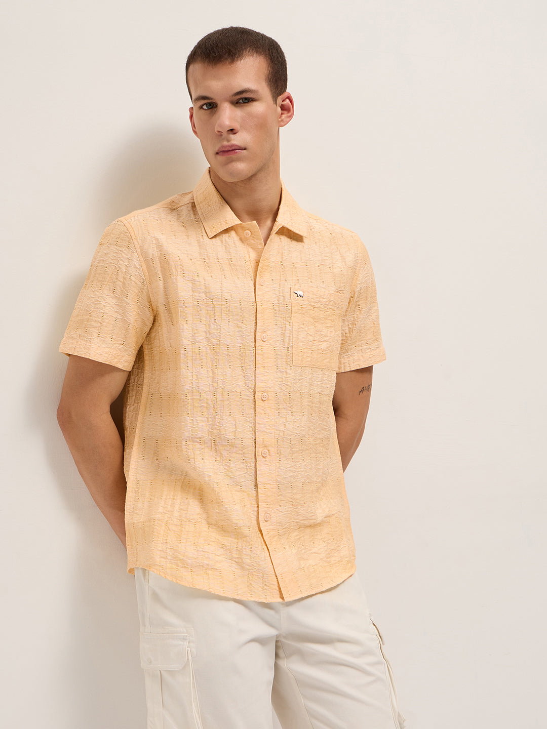 Yellow Crinkle Textured Regular Fit Half-Sleeve Casual Shirt