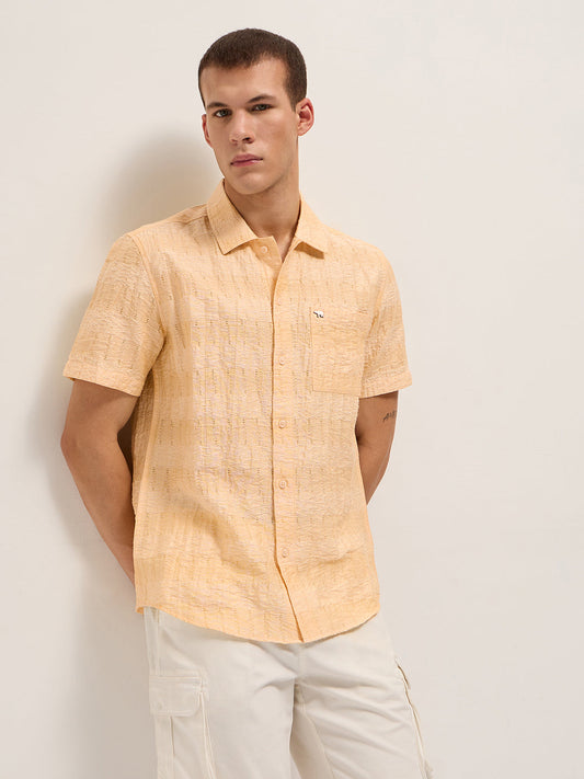 Yellow Crinkle Textured Regular Fit Half-Sleeve Casual Shirt