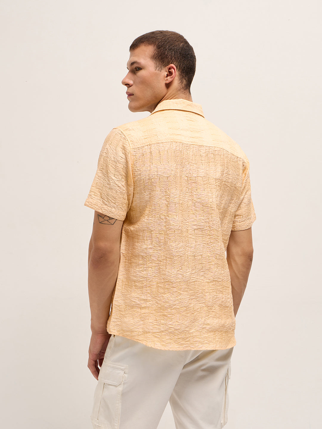 Yellow Crinkle Textured Regular Fit Half-Sleeve Casual Shirt