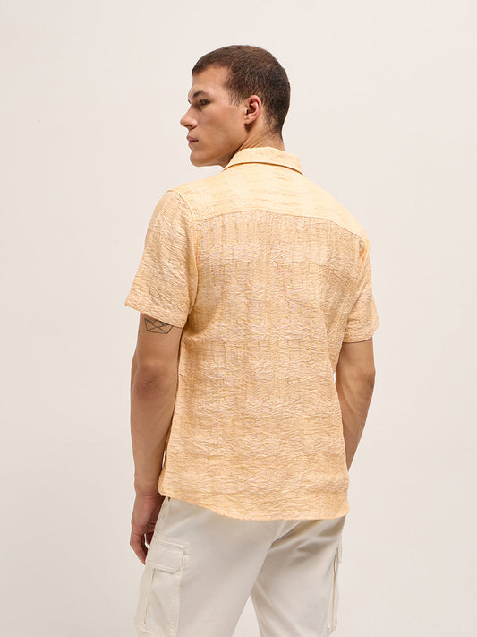 Yellow Crinkle Textured Regular Fit Half-Sleeve Casual Shirt