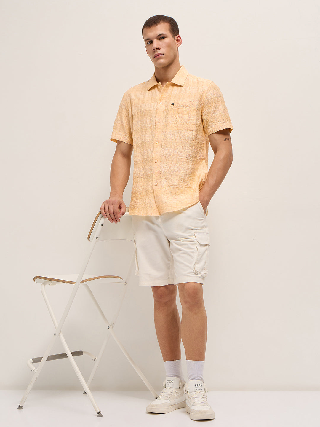 Yellow Crinkle Textured Regular Fit Half-Sleeve Casual Shirt