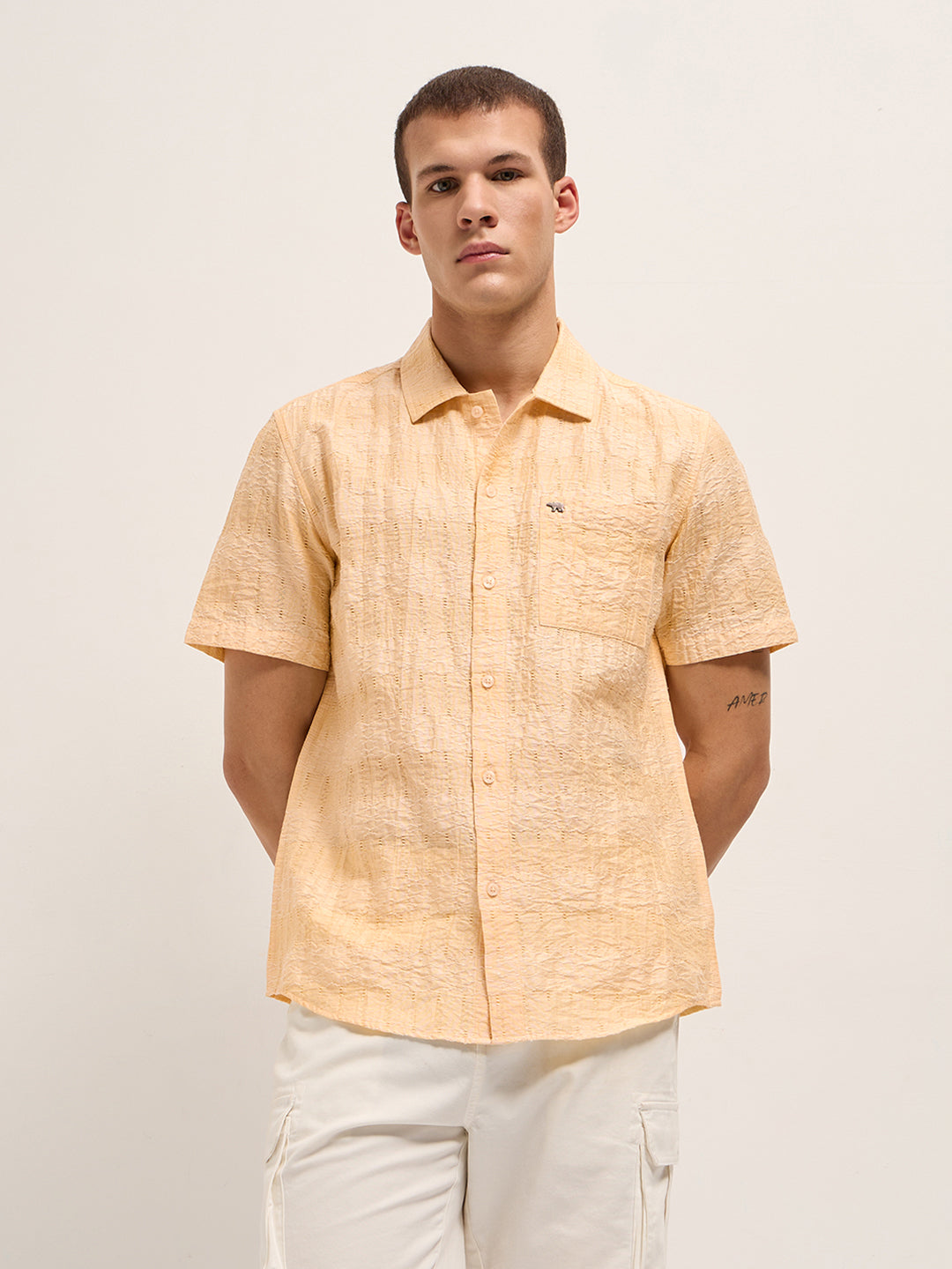 Yellow Crinkle Textured Regular Fit Half-Sleeve Casual Shirt
