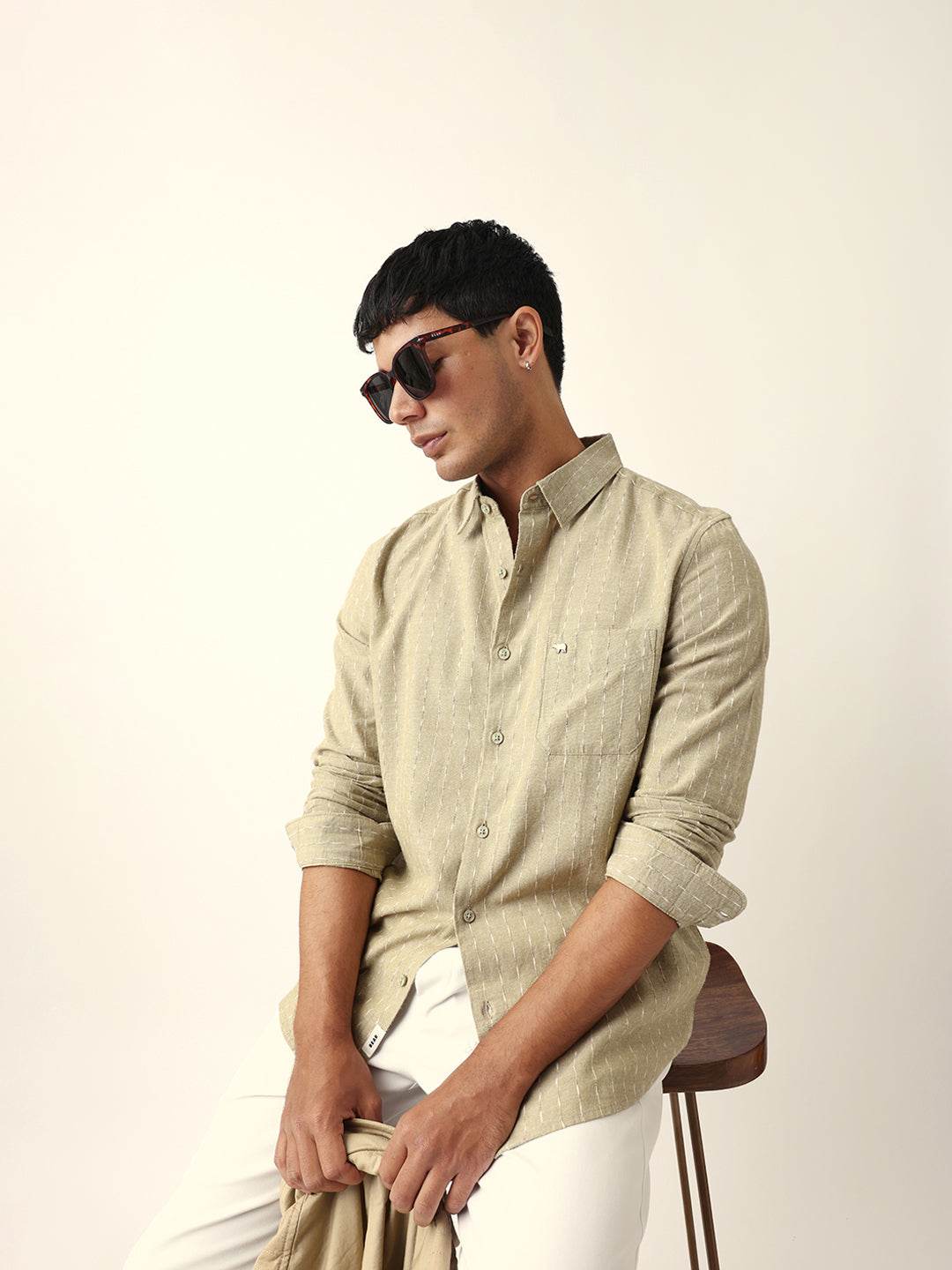 Green Vertical Striped Slim Fit Casual Shirt with Textured Stitch Detailing