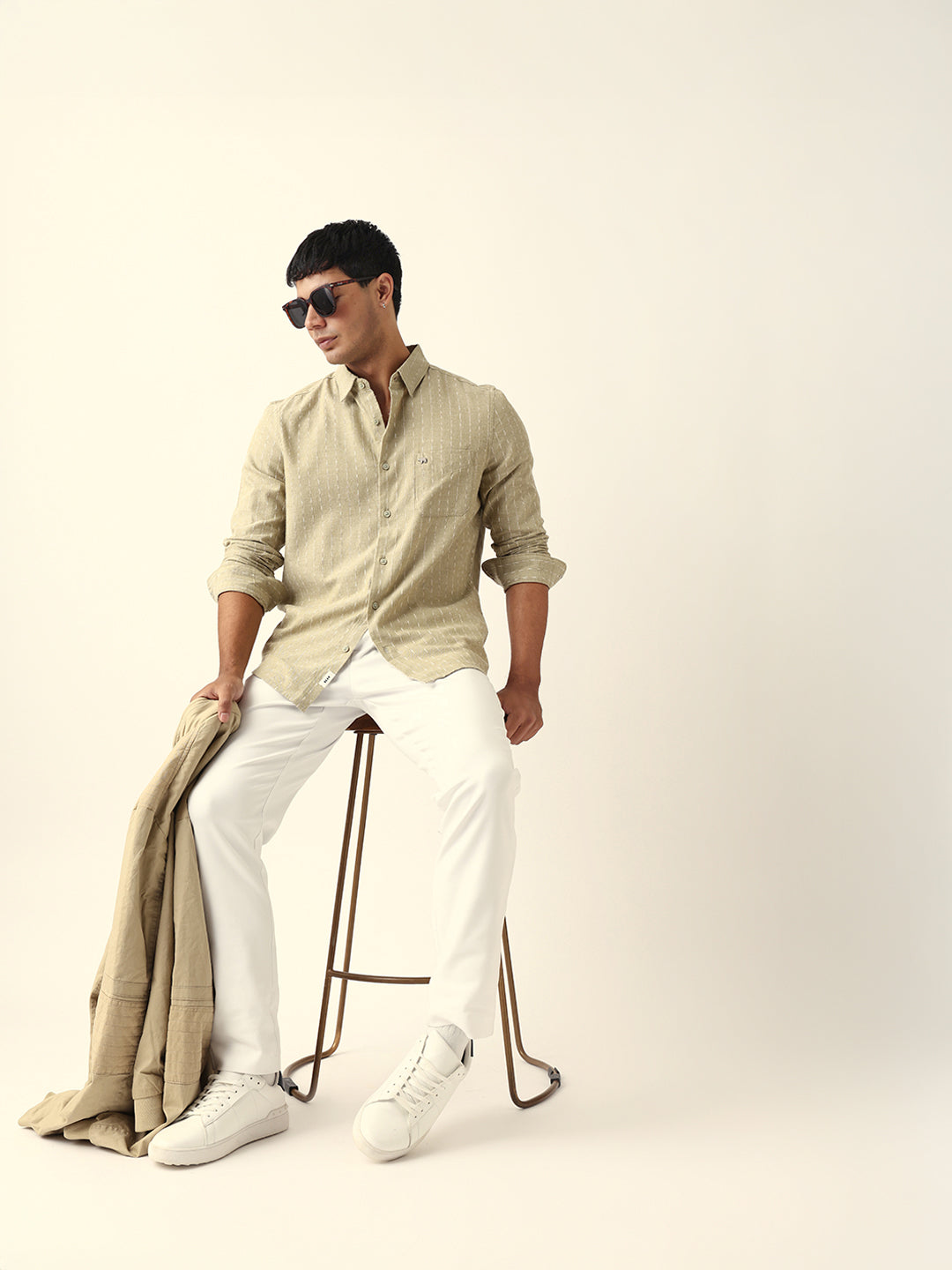 Green Vertical Striped Slim Fit Casual Shirt with Textured Stitch Detailing