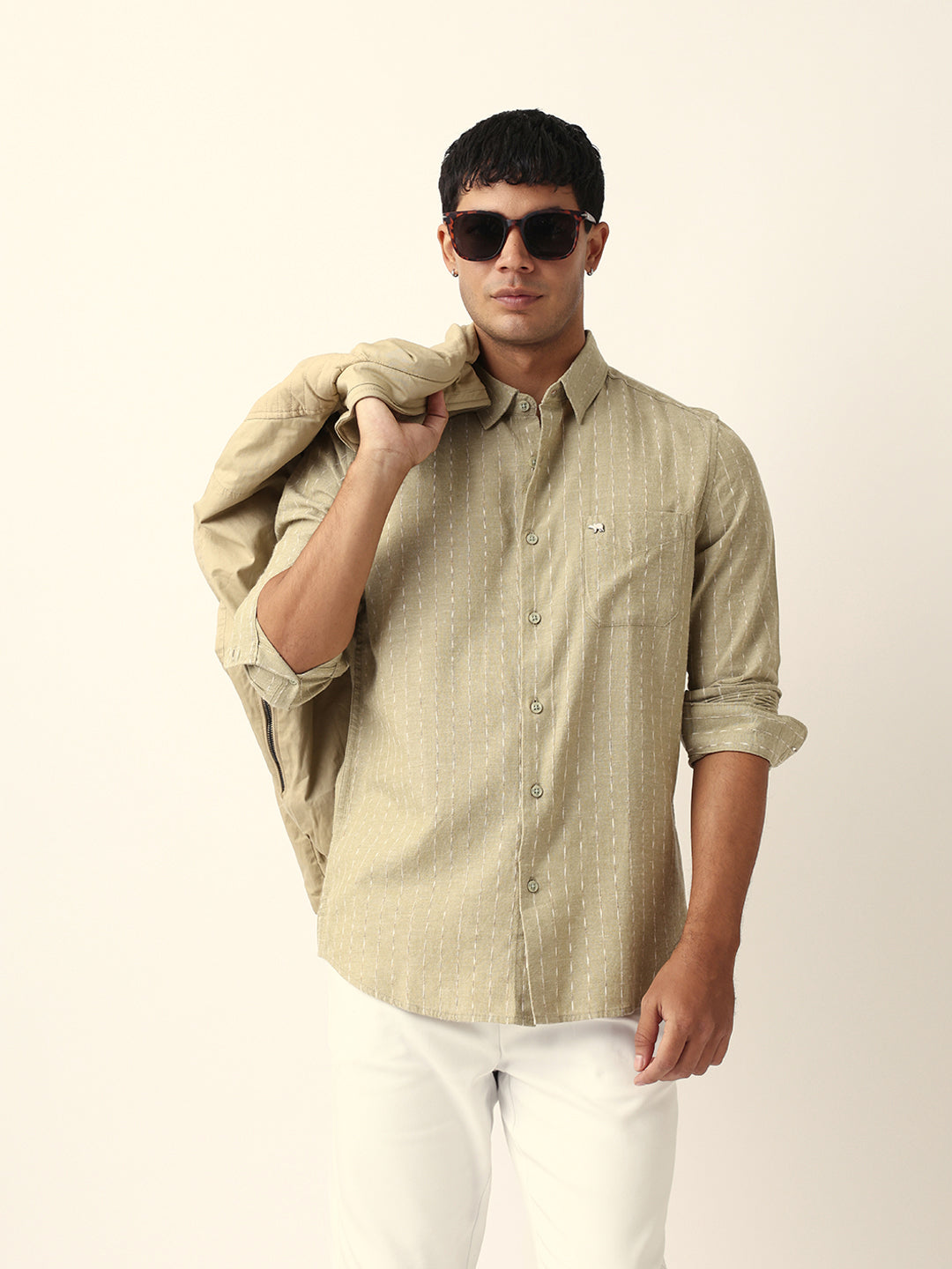 Green Vertical Striped Slim Fit Casual Shirt with Textured Stitch Detailing