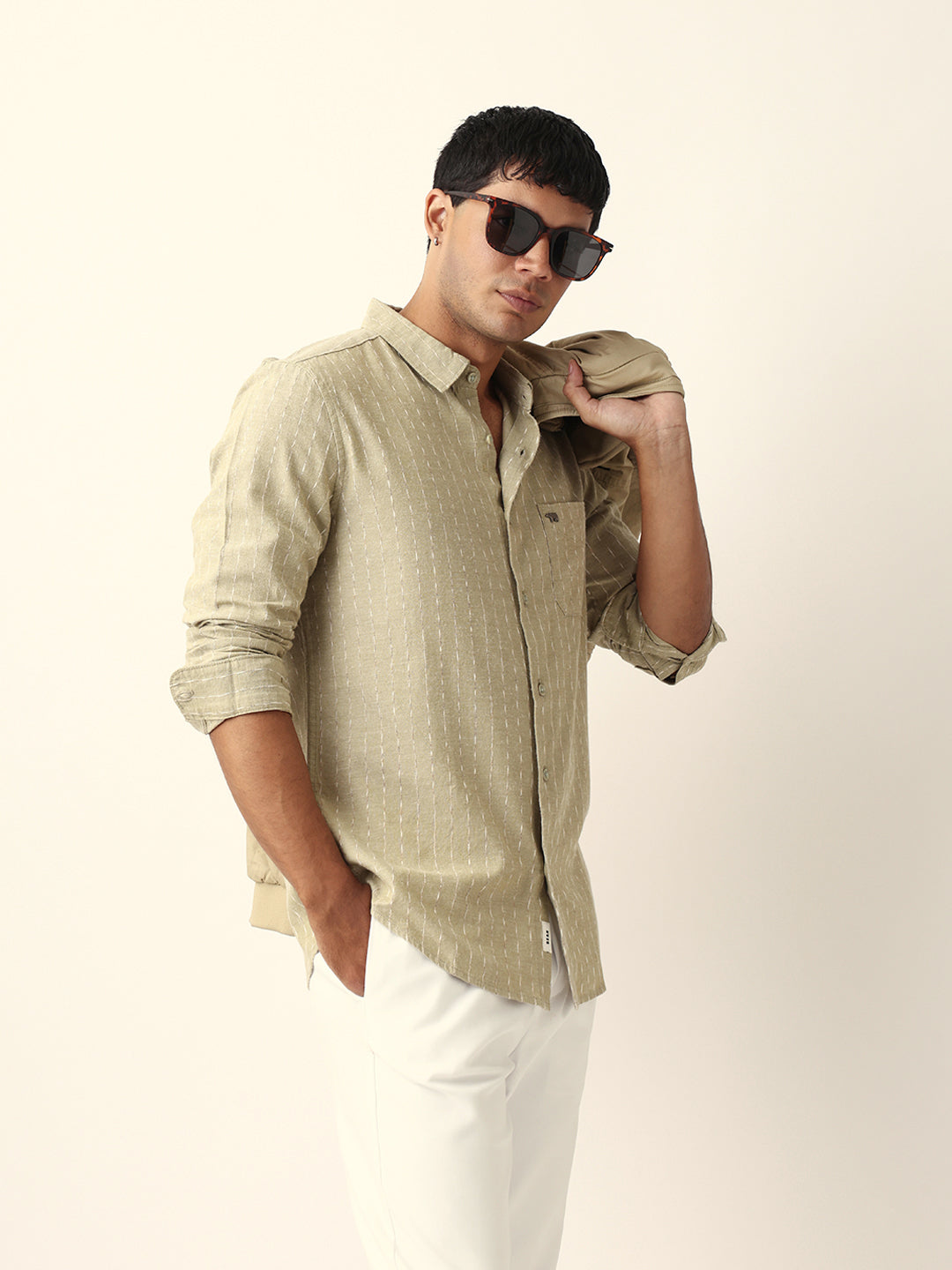 Green Vertical Striped Slim Fit Casual Shirt with Textured Stitch Detailing