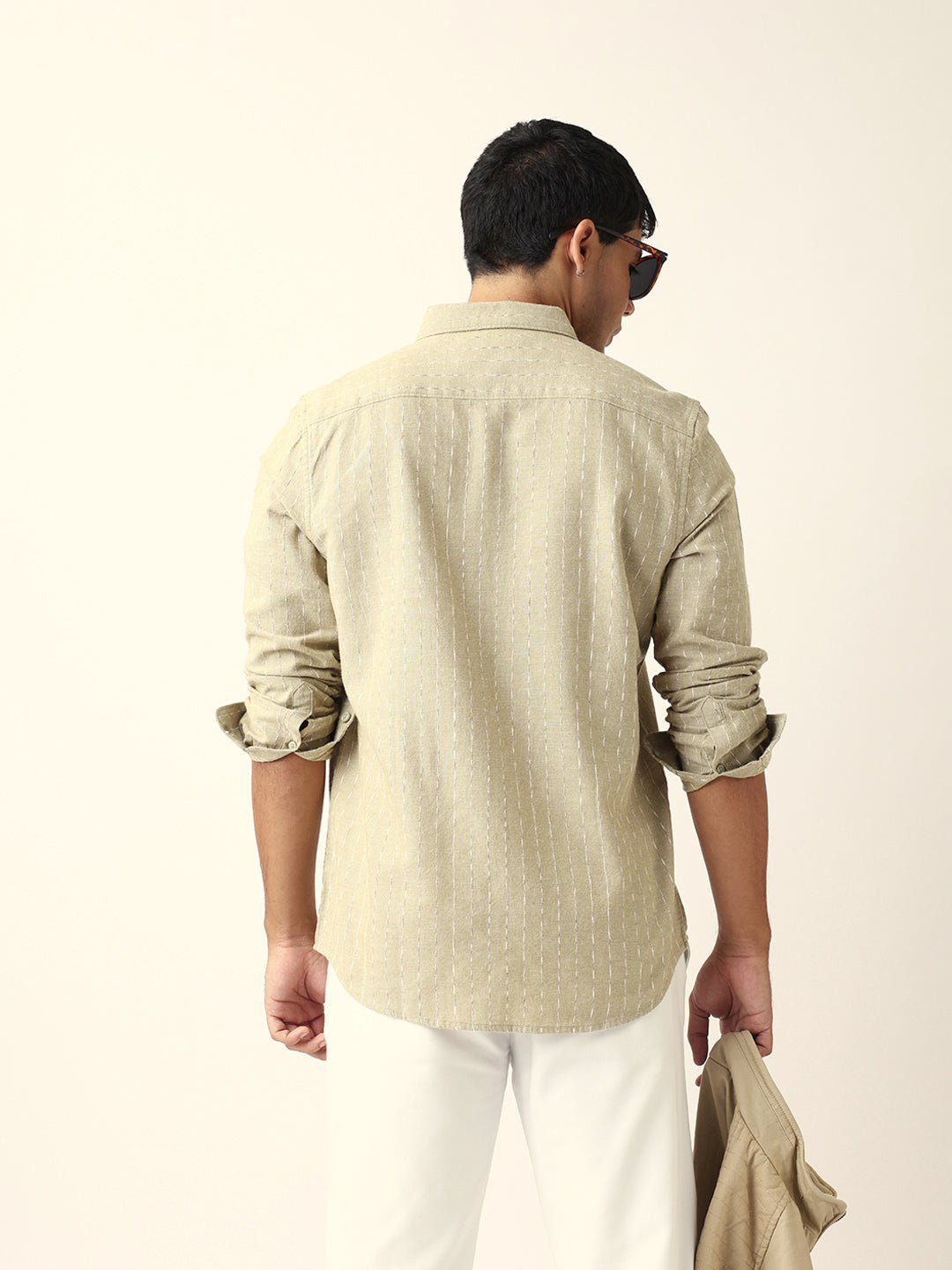 Green Vertical Striped Slim Fit Casual Shirt with Textured Stitch Detailing