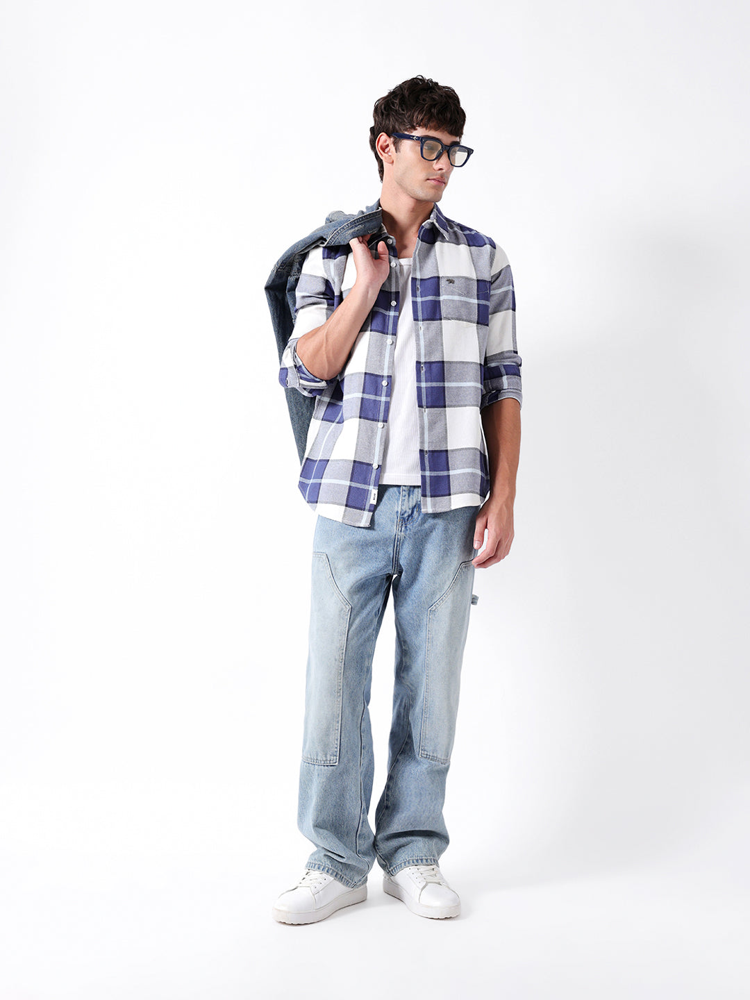 Blue & White Woven Check Slim Fit Casual Shirt