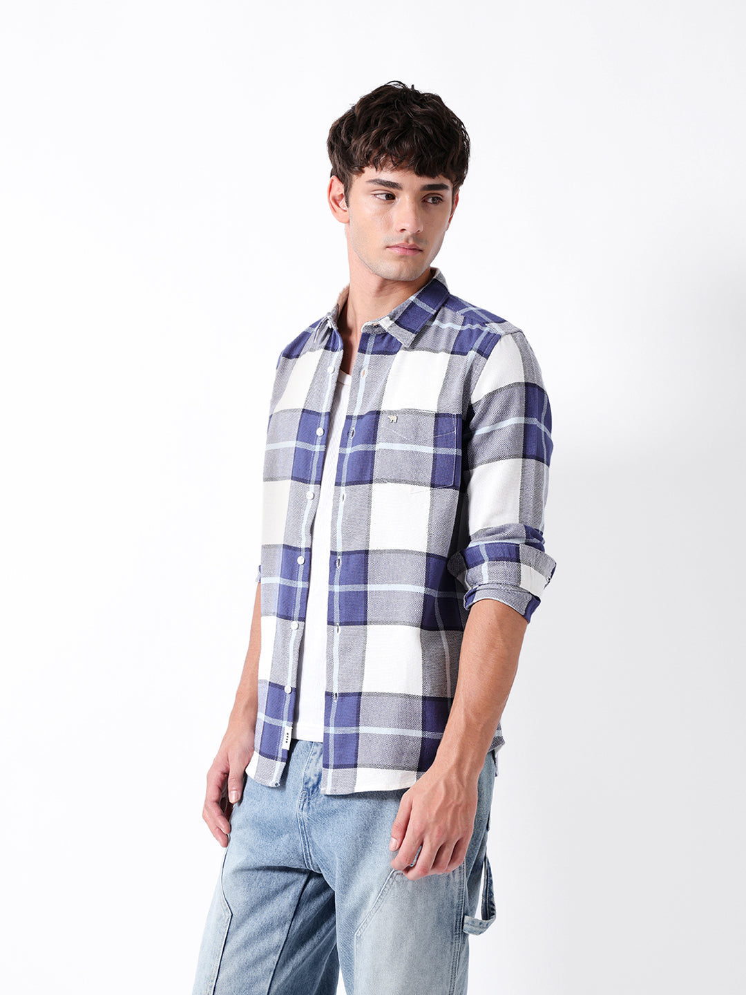 Blue & White Woven Check Slim Fit Casual Shirt