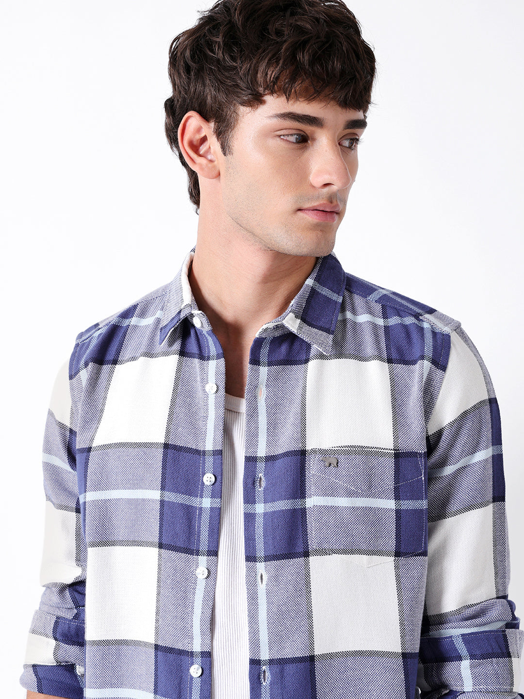 Blue & White Woven Check Slim Fit Casual Shirt