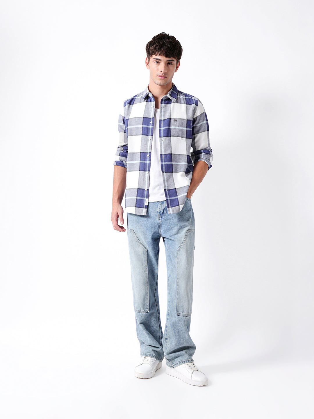 Blue & White Woven Check Slim Fit Casual Shirt