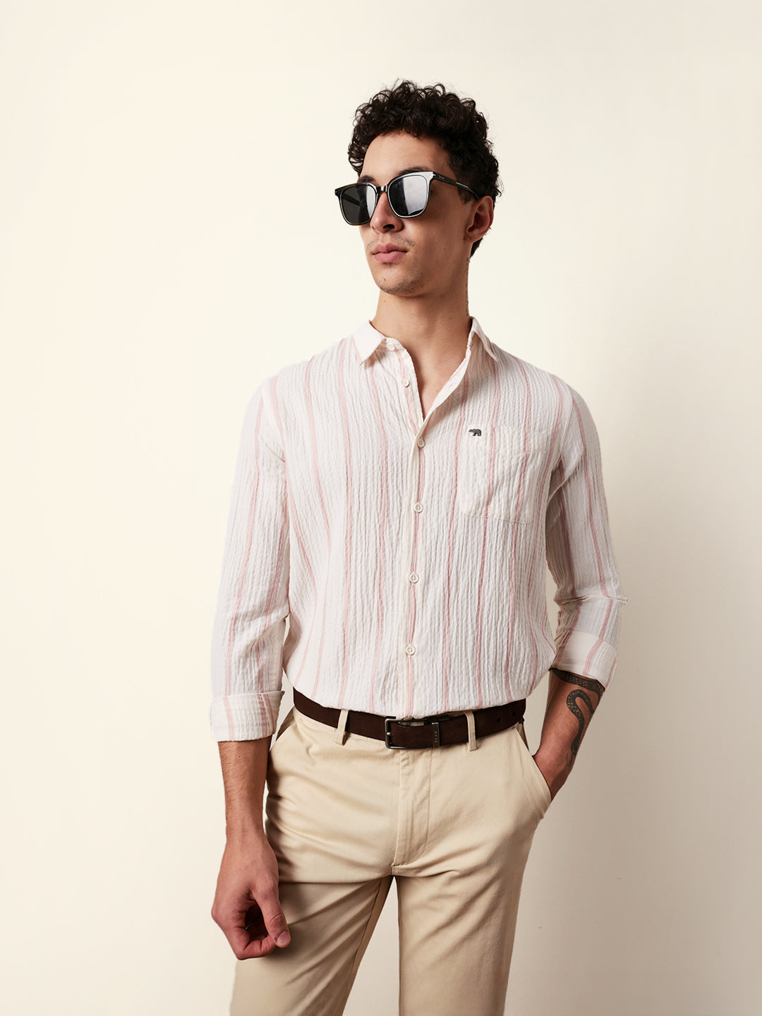 Off white with Pink Vertical Textured Stripe Regular Fit Casual Shirt