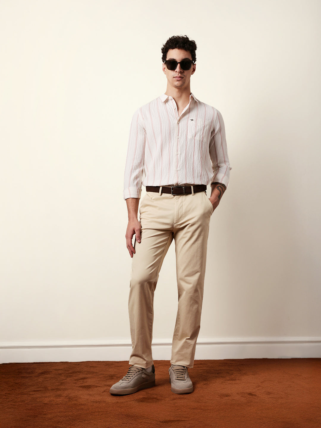Off white with Pink Vertical Textured Stripe Regular Fit Casual Shirt