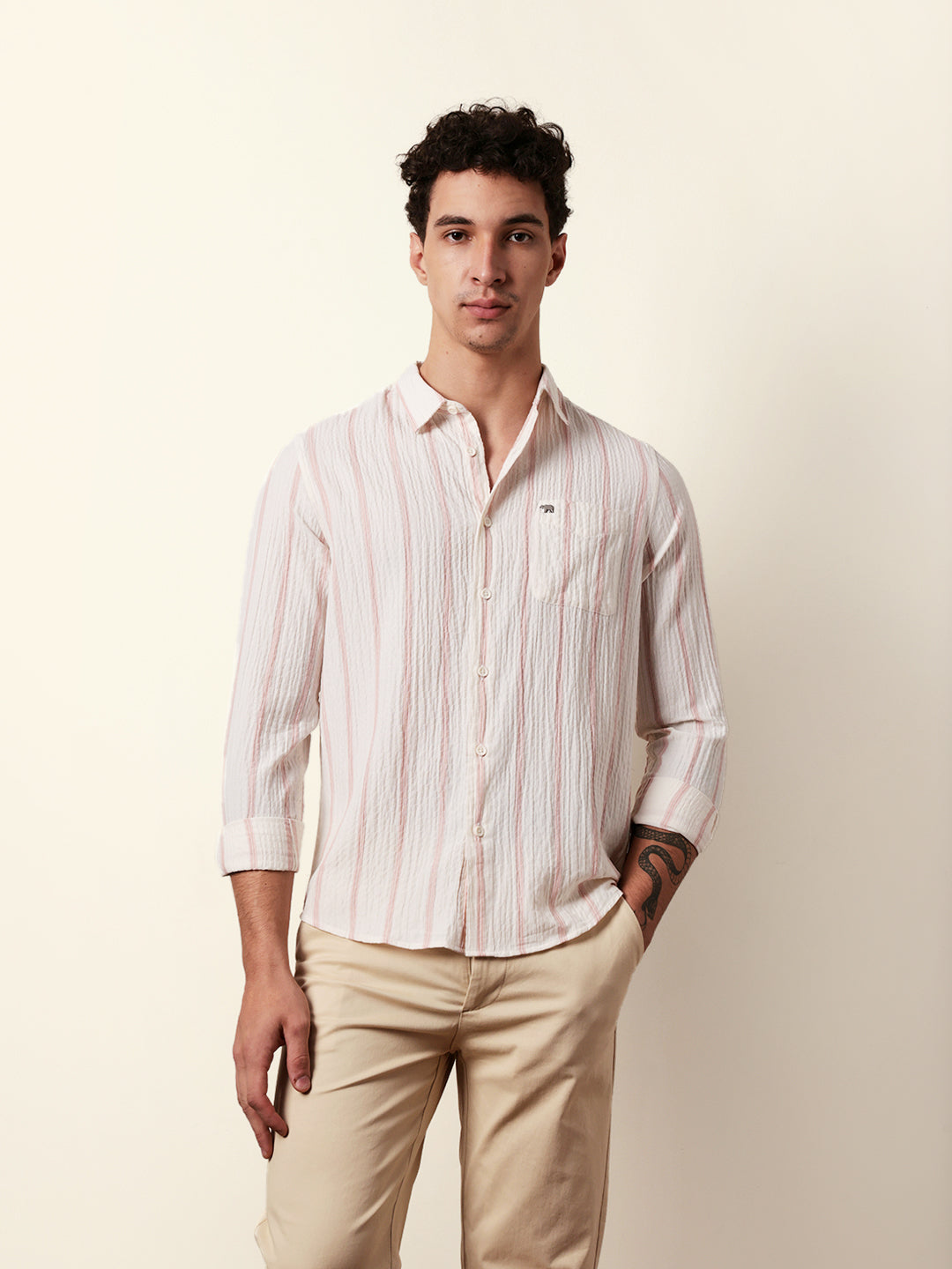 Off white with Pink Vertical Textured Stripe Regular Fit Casual Shirt