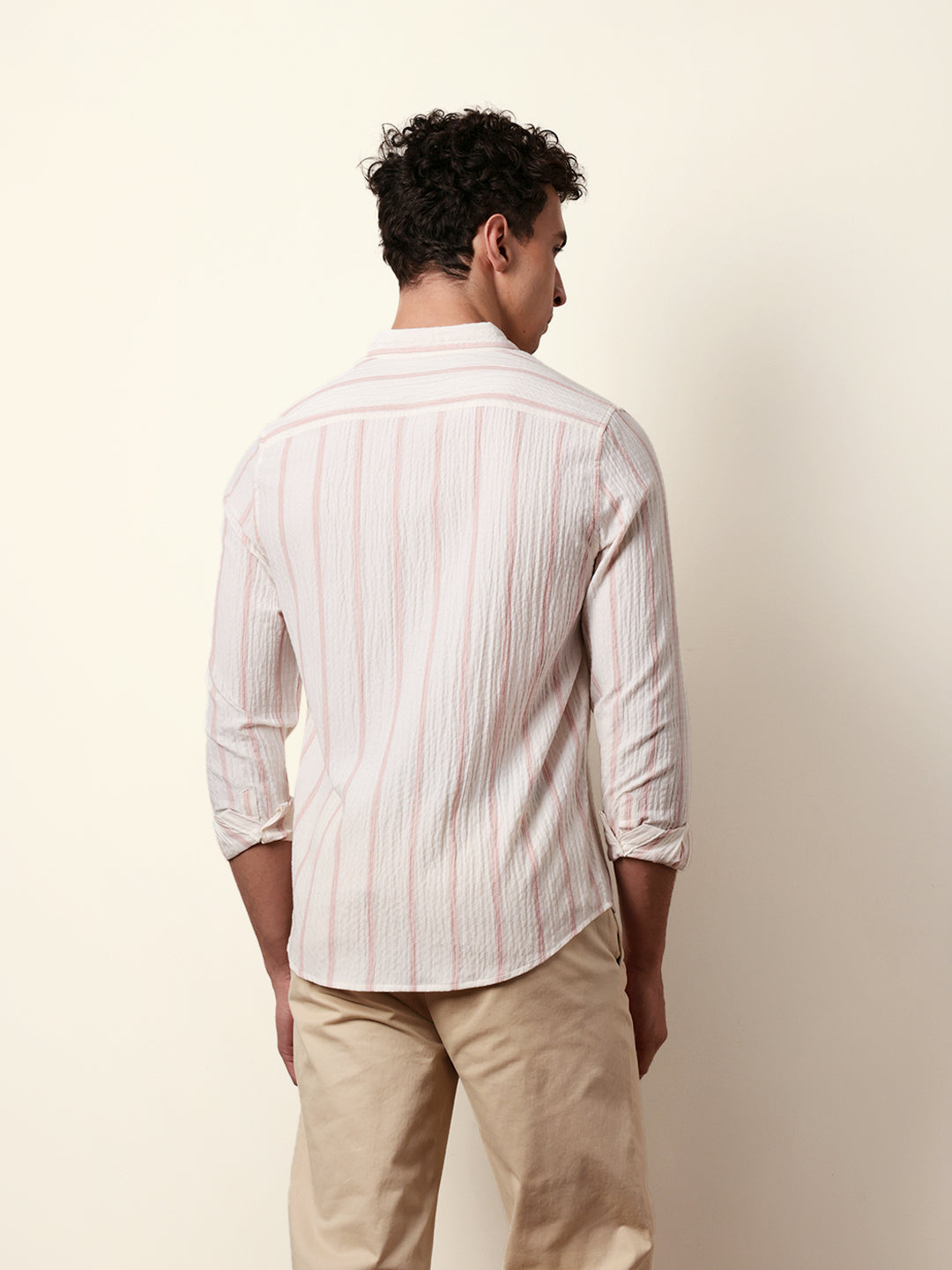 Off white with Pink Vertical Textured Stripe Regular Fit Casual Shirt