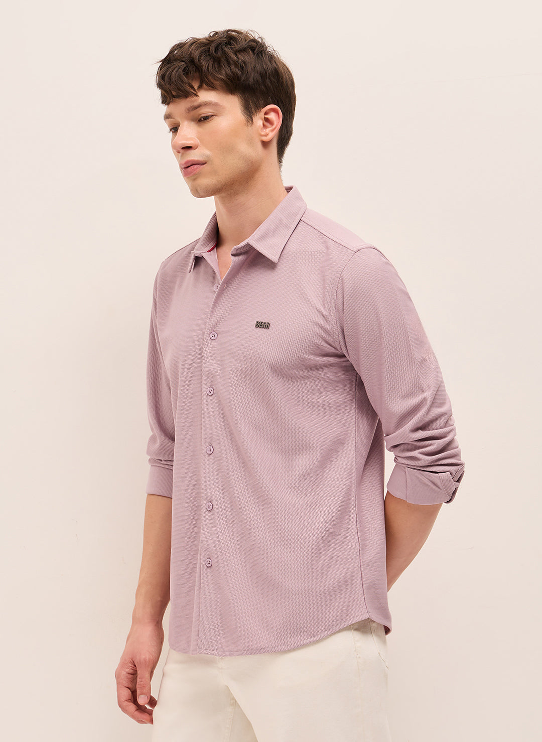 Pink Woven Textured Regular Fit Casual Shirt
