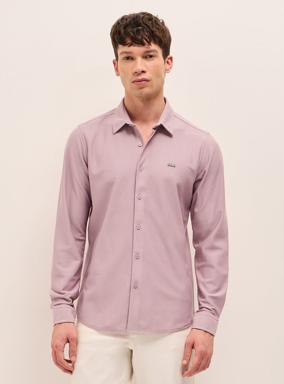 Pink Woven Textured Regular Fit Casual Shirt