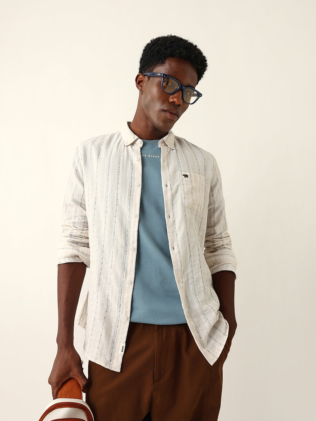 Cream Woven Vertical Striped Slim Fit Casual Shirt