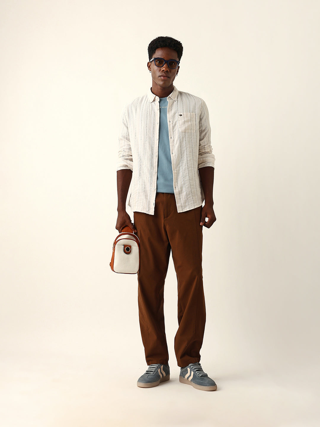 Cream Woven Vertical Striped Slim Fit Casual Shirt