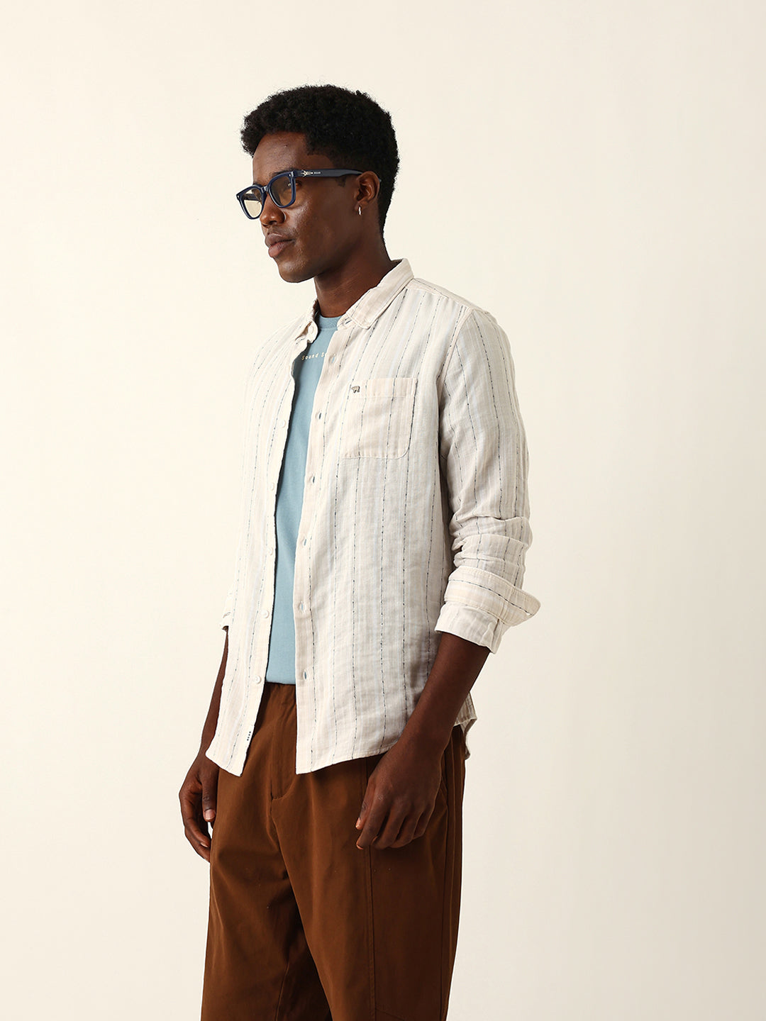 Cream Woven Vertical Striped Slim Fit Casual Shirt