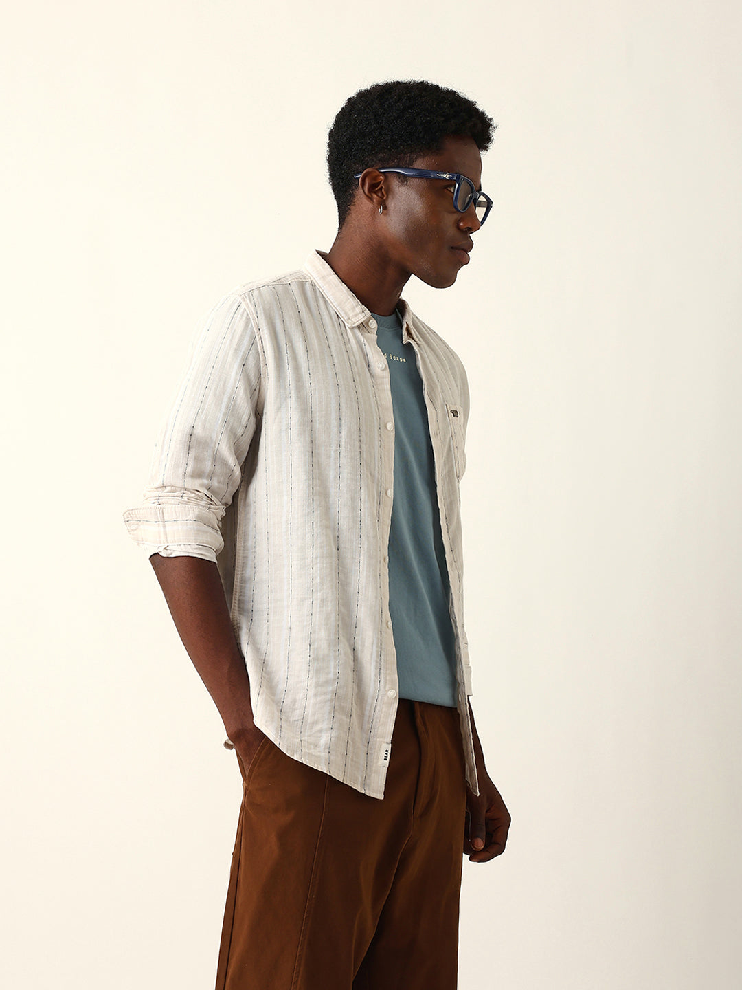 Cream Woven Vertical Striped Slim Fit Casual Shirt