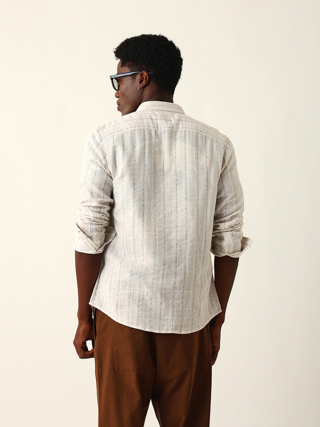 Cream Woven Vertical Striped Slim Fit Casual Shirt