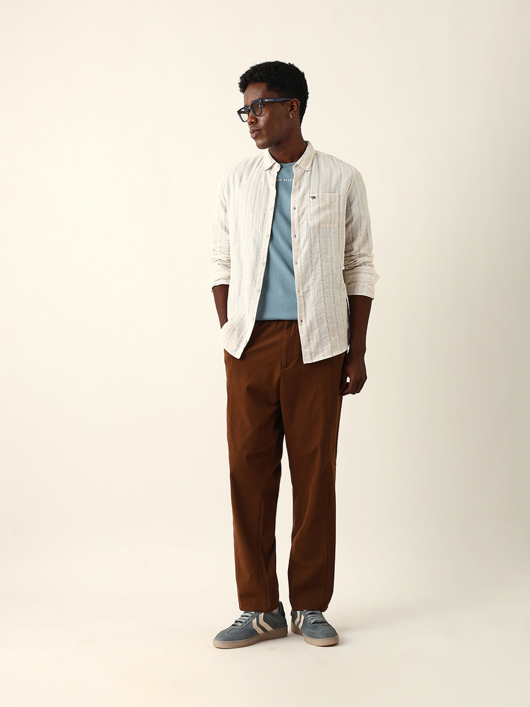 Cream Woven Vertical Striped Slim Fit Casual Shirt