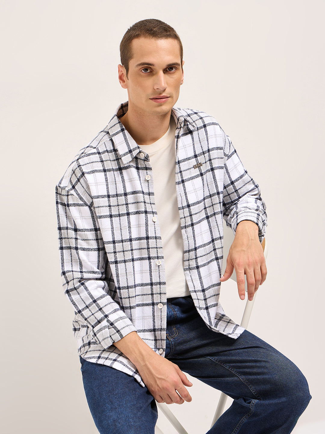 White Tartan Checked Design Relaxed Fit Overshirt