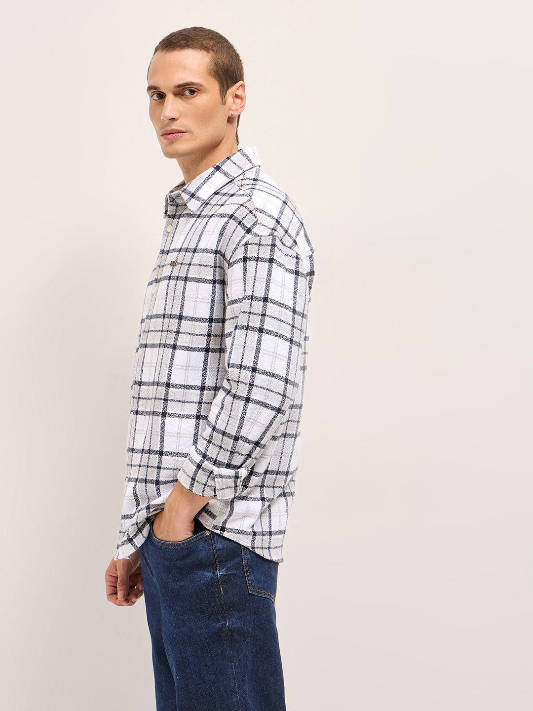 White Tartan Checked Design Relaxed Fit Overshirt