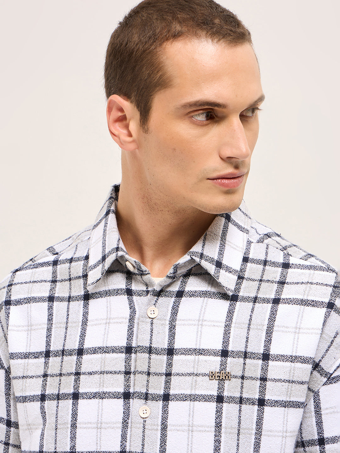 White Tartan Checked Design Relaxed Fit Overshirt