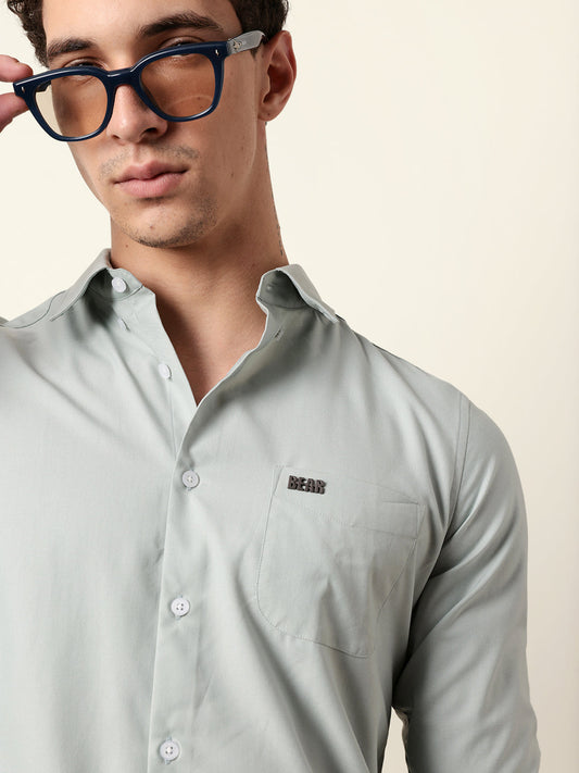 Light Green Solid Slim Fit Casual Shirt with a Classic Semi-Formal Look